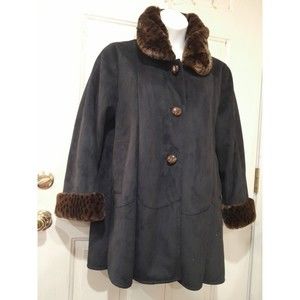 Womens Suede Coat. Black,  Hardy Amies London, Leopard Print Lining/Trim Sz L